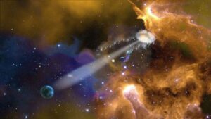 Universe and nebulus clouds, earth in the distance