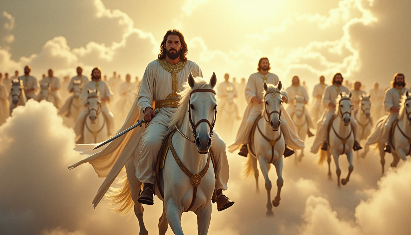 Jesus on a white stallion, riding before his army on white horses following him from the clouds to earth.
